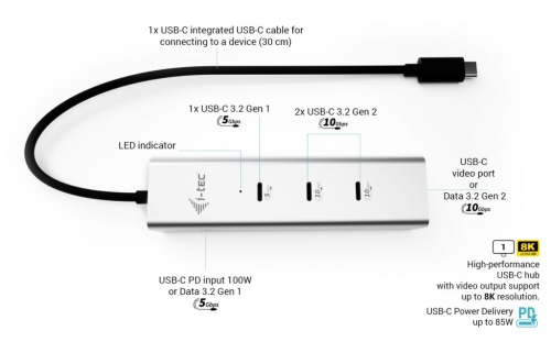 i-tec USB-C Charging Metal HUB 5 portas com vídeo USB-C 8K + fornecimento de energia 85 W