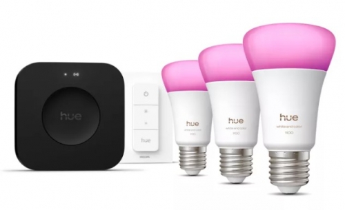 Philips Starter kit: 3 lâmpadas inteligentes E27 + Hue dimmer switch + Hue Bridge Pro