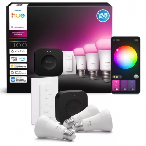 Philips Starter kit: 3 lâmpadas inteligentes E27 + Hue dimmer switch + Hue Bridge Pro