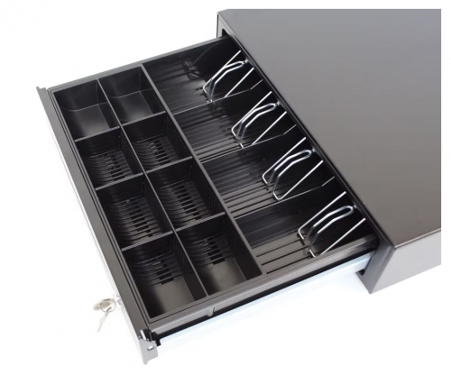 Gaveta Metálica Abert. e Fecho c/Chave, 2x Ranhuras Frontais, 8x Moedas/4x Notas, 410(l) x 415(C) x 100(A)mm, 114mm c/ pês; Ligação á impressora RJ11; Preta - HS-410A