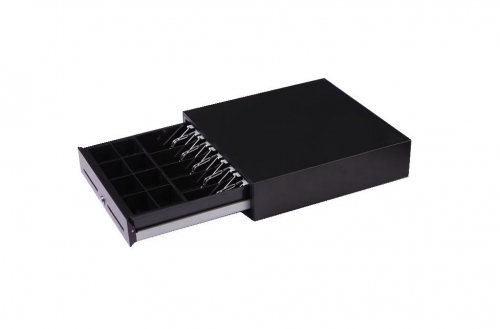 Gaveta Metálica Abert. e Fecho c/Chave, 2x Ranhuras Frontais, 8x Moedas/4x Notas, 410(l) x 415(C) x 100(A)mm, 114mm c/ pês; Ligação á impressora RJ11; Preta - HS-410A