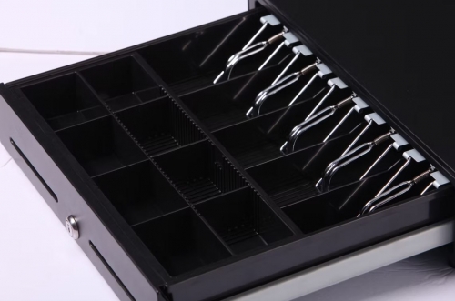 Gaveta Metálica Abert. e Fecho c/Chave, 2x Ranhuras Frontais, 8x Moedas/4x Notas, 410(l) x 415(C) x 100(A)mm, 114mm c/ pês; Ligação á impressora RJ11; Preta - HS-410A