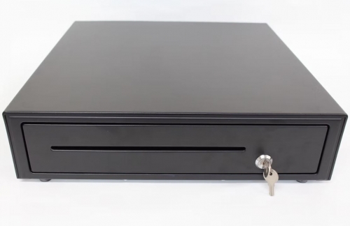 Gaveta Metálica Abert. e Fecho c/Chave, 2x Ranhuras Frontais, 8x Moedas/4x Notas, 410(l) x 415(C) x 100(A)mm, 114mm c/ pês; Ligação á impressora RJ11; Preta - HS-410A