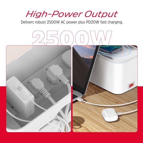 Filtro de linha de 30 W com carregamento sem fio e organizador de cabos EPB2500W03EU