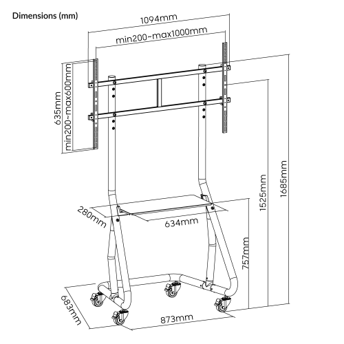 Suporte de Chão Carrinho para TV 55" até 105" Napofix® VWA1070B
