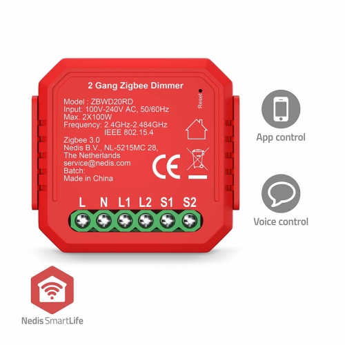 Módulo integrado SmartLife Dimmer Triac Duplo Nedis Zigbee 3.0, 2x100 W, Conexão de Terminal, Aplicativo disponível para: Android™ / IOS