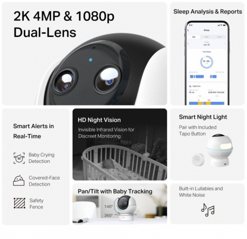 Câmara de Segurança TP-Link Tapo C840 Dual-Lens Smart AI Baby Monitor 4MP + 2MP Pan/Tilt Wi-Fi , Tapo C840