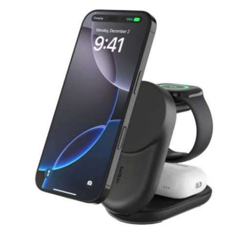 Carregador Belkin UltraCharge sem fios 3 em 1, magnético, dobrável, com Qi2 + adaptador de energia AC 25 Watt Fast Charge preto, WIZ037KQBK