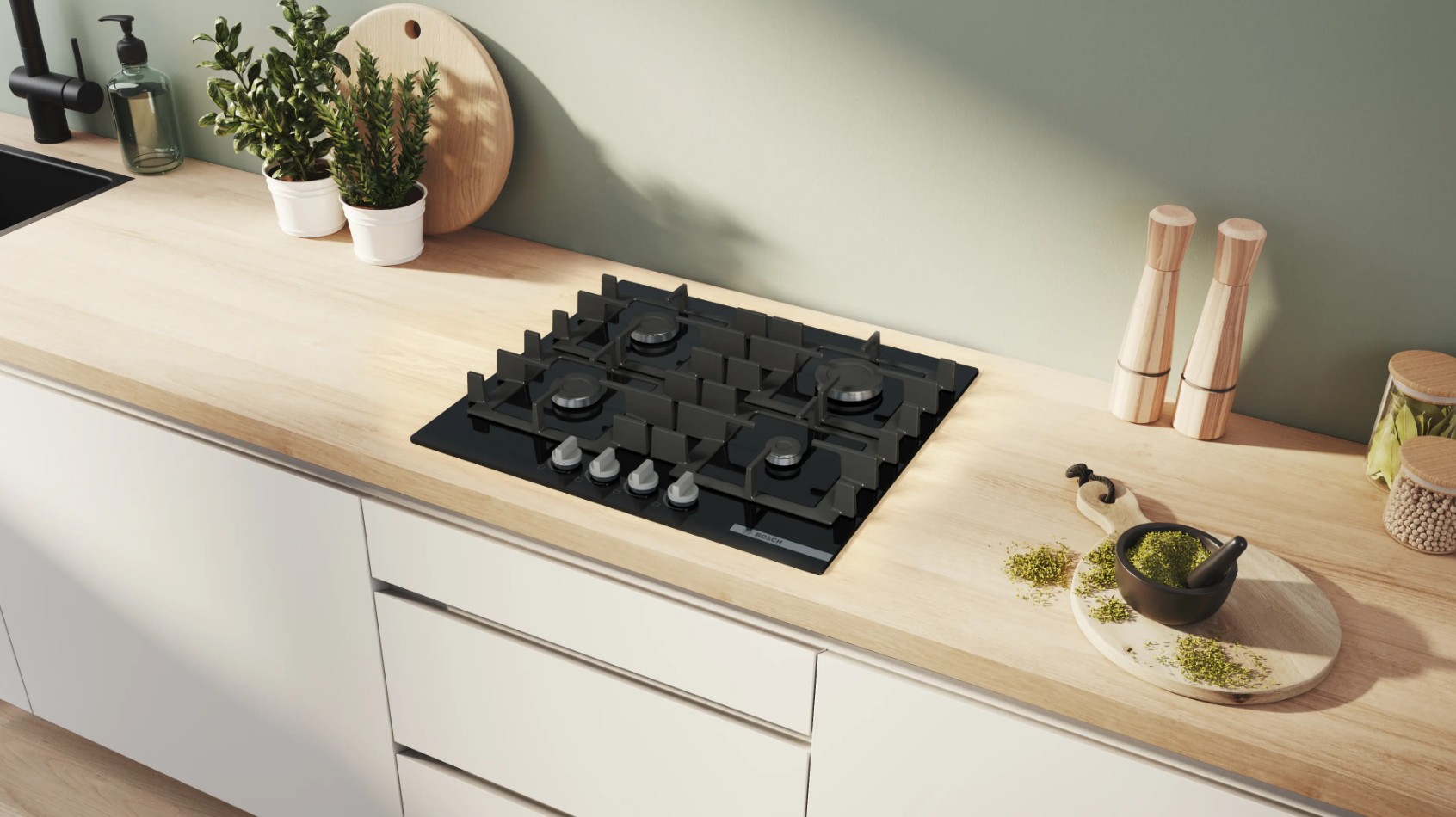 Placa a Gás Bosch Série 4 PNP6B6K40 - 60 cm, Vidro Preto, 4 Queimadores