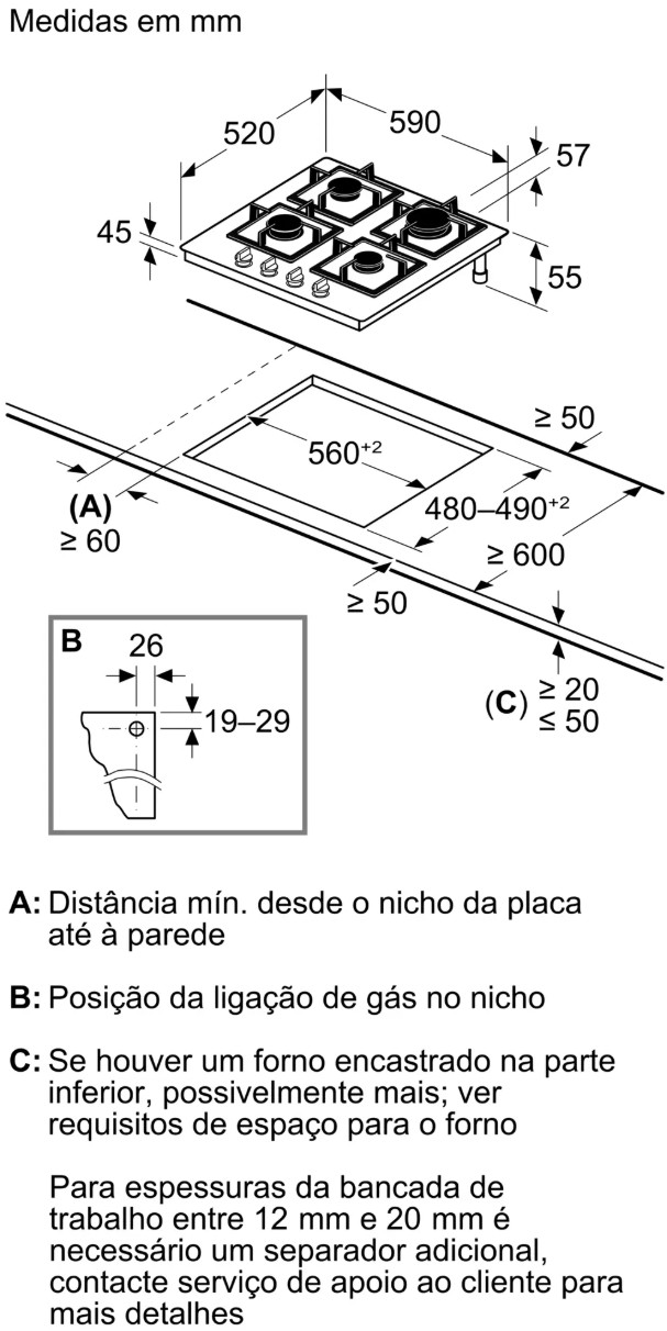 Placa a Gás Bosch Série 4 PNP6B6K40 - 60 cm, Vidro Preto, 4 Queimadores