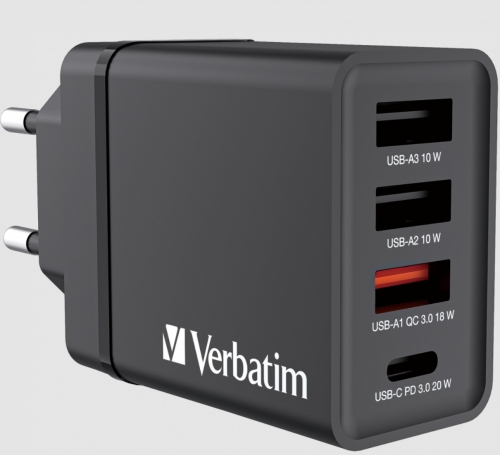 CARREGADOR VERBATIM 30W 1x USB-C PD 1xUSB-A QC 3 2xUSB-A BLACK