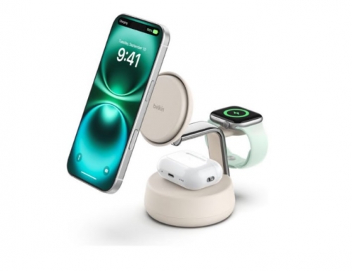 Base de carregamento sem fios Belkin UltraCharge Pro , 3-in-1, Qi2 + adaptador de energia AC 25 Watt Fast Charge areia, WIZ040KQSD