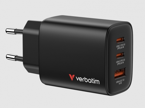 CARREGADOR VERBATIM GAN ESSENTIALS 65W 2xUSB-C 1xUSB-A QC 3.0 BLACK