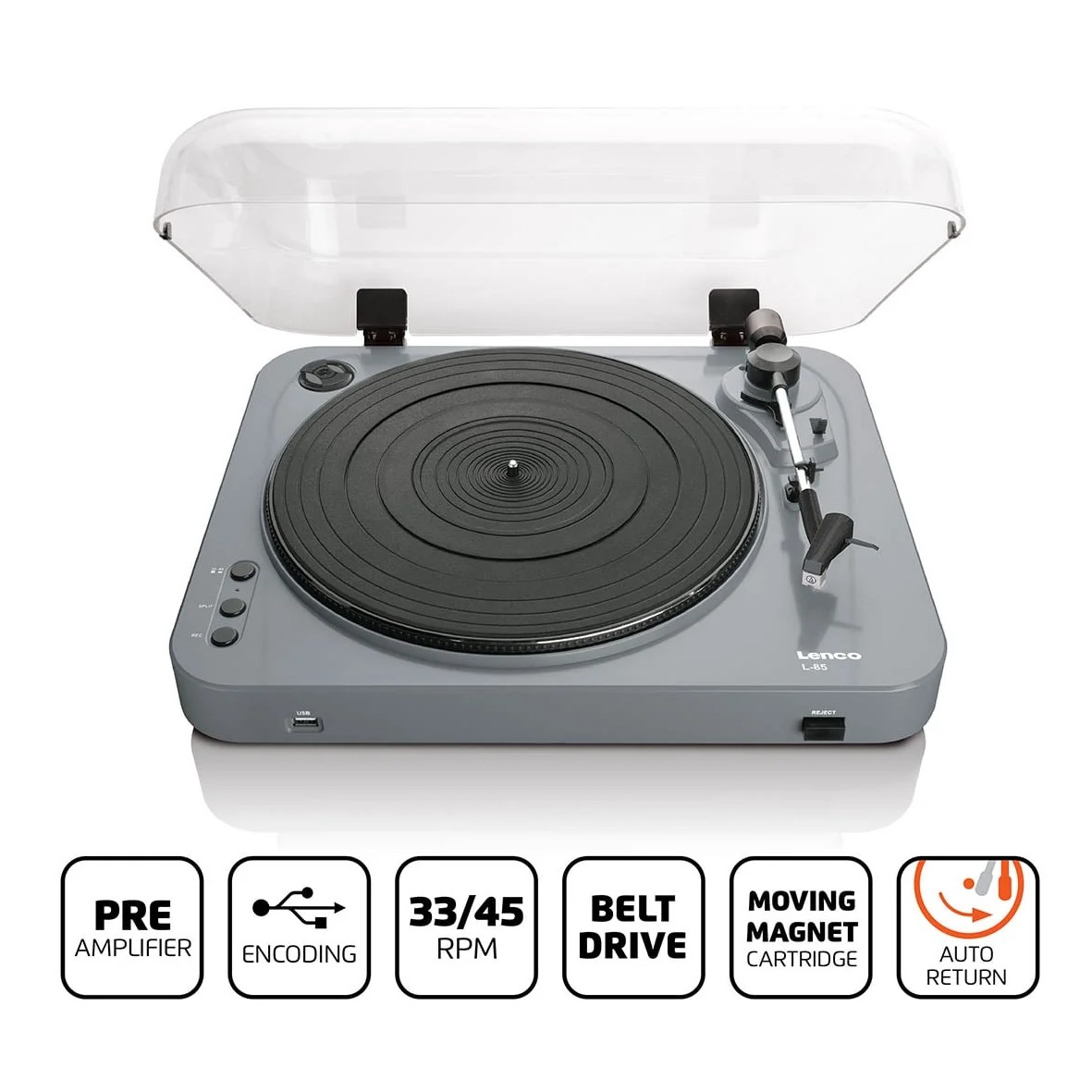 Gira-Discos Lenco L-85 Grey - USB para Vinil, Cinzento