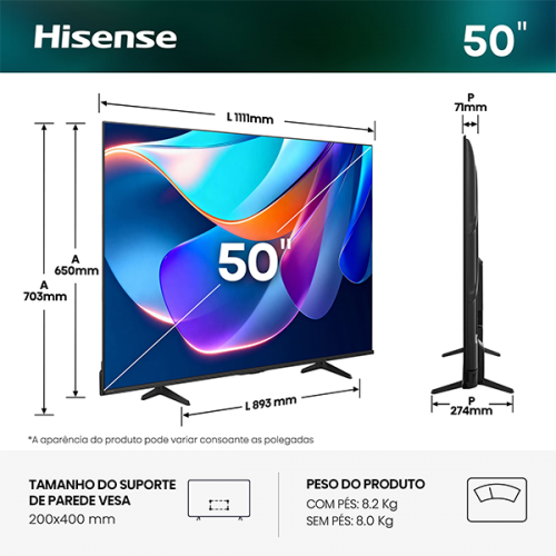TV SMART 4K HISENSE 50A6S