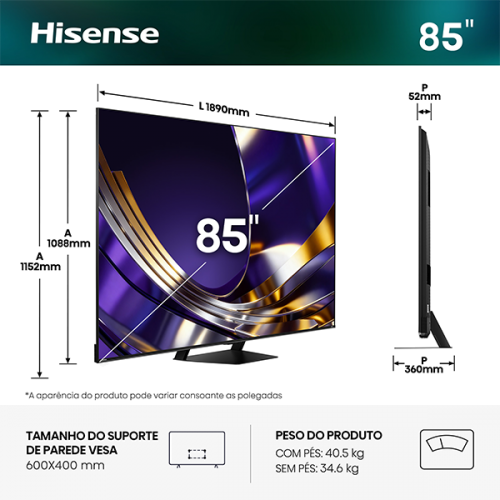 SMART TV 85" HISENSE MINI-LED 4K HDR10+ VIDAA 85U7S PRO
