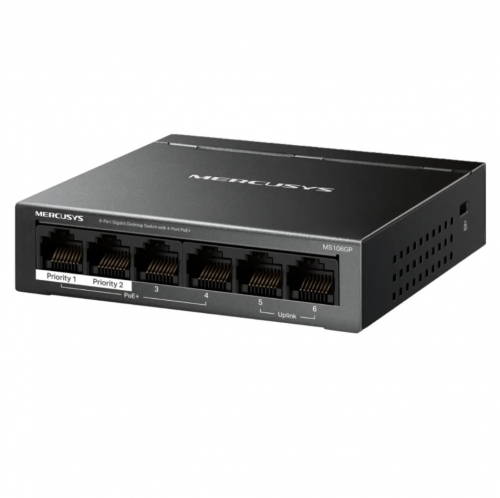 Switch Mercusys MS106GP Desktop Gigabit de 6 Portas com 4 Portas PoE+ – 65 W