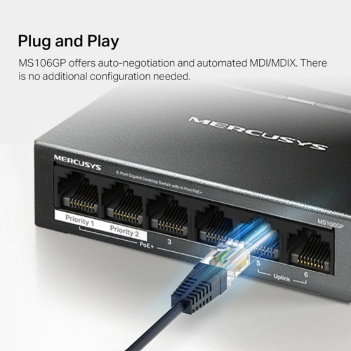 Switch Mercusys MS106GP Desktop Gigabit de 6 Portas com 4 Portas PoE+ – 65 W