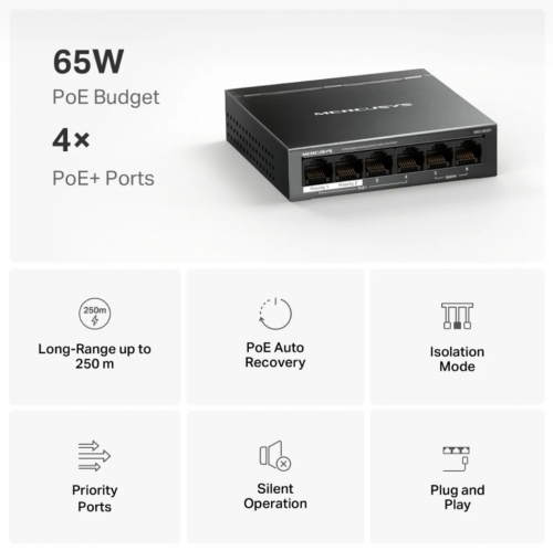 Switch Mercusys MS106GP Desktop Gigabit de 6 Portas com 4 Portas PoE+ – 65 W