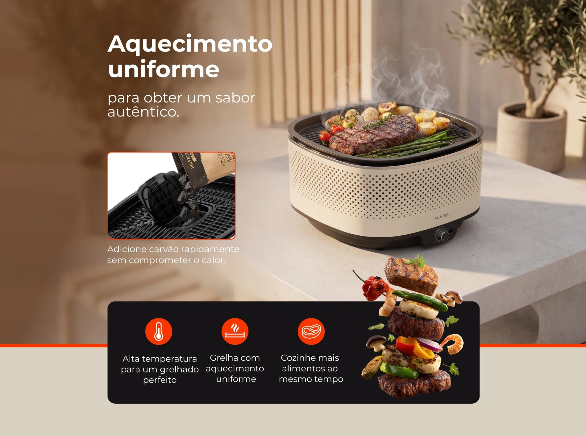 Grelhador a Carvão FLAMA 4012FL Barbecue Portátil Bege