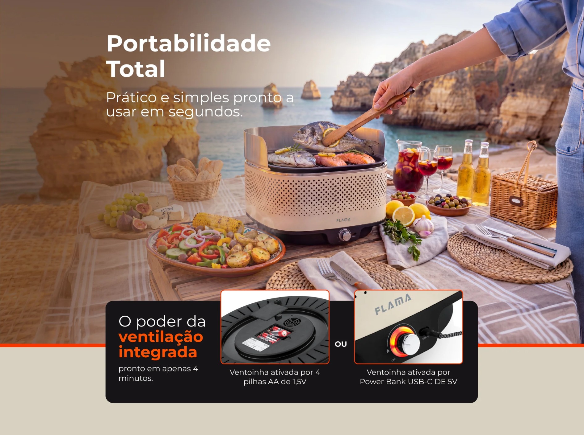Grelhador a Carvão FLAMA 4012FL Barbecue Portátil Bege
