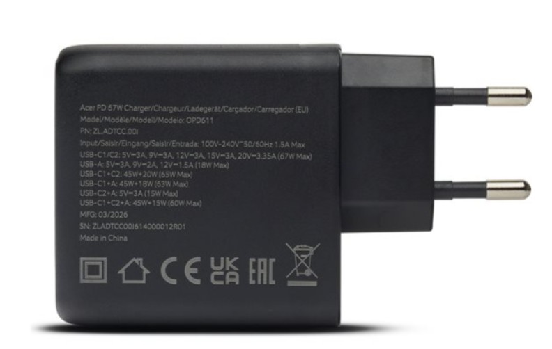 Adaptador de corrente Acer OPD611 USB-C GaN2 AC 67 watt - ZL.ADTCC.00J