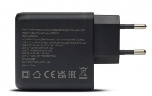 Adaptador de corrente Acer OPD611 USB-C GaN2 AC 67 watt - ZL.ADTCC.00J