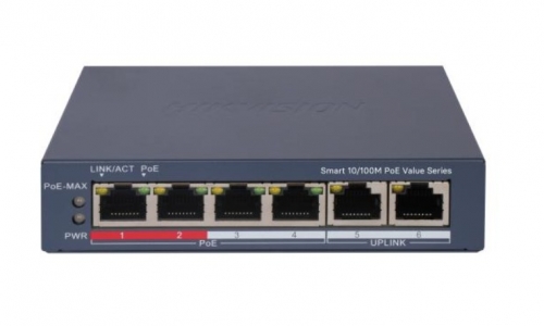 Switch PoE Hikvision DS-3E1106P-EI/M – 6 Portas, 4 PoE 10/100 Mbps, 45 W - DS-3E1106P-EI/M
