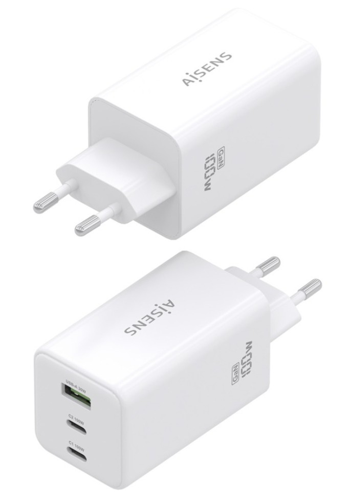 CARREGADOR GaN 100W 2xUSB-C PD3,0 QC4,0 QC5,0 1xUSB-A QC3,0 AISENS ASCH-100W3P051-W