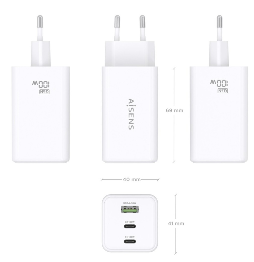 CARREGADOR GaN 100W 2xUSB-C PD3,0 QC4,0 QC5,0 1xUSB-A QC3,0 AISENS ASCH-100W3P051-W