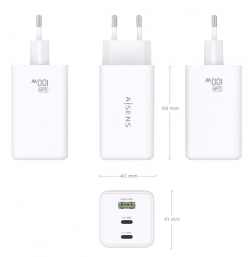 CARREGADOR GaN 100W 2xUSB-C PD3,0 QC4,0 QC5,0 1xUSB-A QC3,0 AISENS ASCH-100W3P051-W