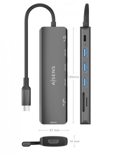 ESTAÇÃO DE ENGATE AISENS ASUC-7P025-GR - USB-C 7 EM 1 HDMI USB-A 3,2 USB-C PD SD MICROSD
