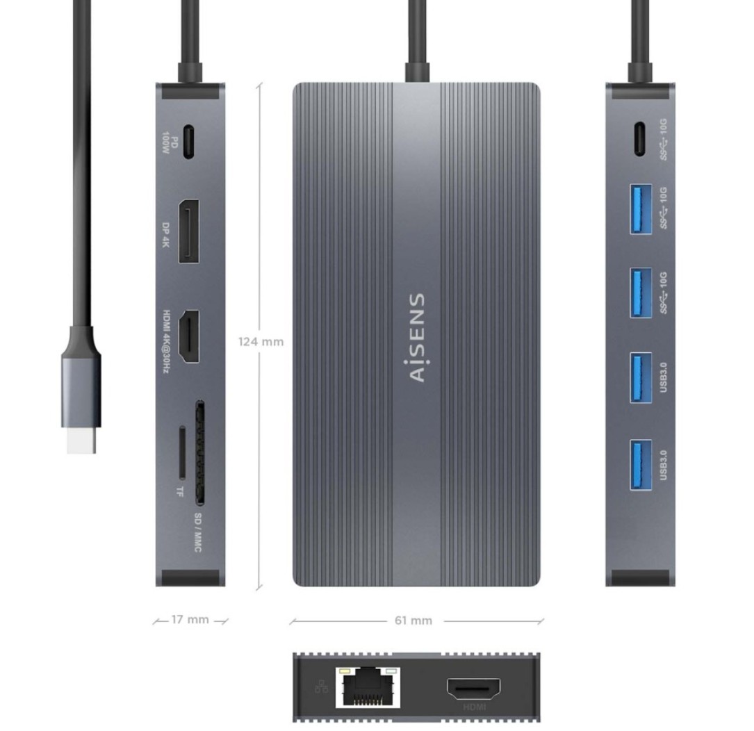 Dock USB-C 12 em 1, USB-C para 2xHDMI, 1xDisplayPort, 1xRJ45, 4xUSB-A, 1xUSB-C, 1xUSB-C PD, 1xSD, 1xMicro SD, Cinza, 20 cm Aisen ASUC-12P017-GR
