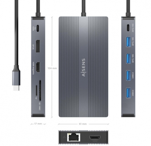 Dock USB-C 12 em 1, USB-C para 2xHDMI, 1xDisplayPort, 1xRJ45, 4xUSB-A, 1xUSB-C, 1xUSB-C PD, 1xSD, 1xMicro SD, Cinza, 20 cm Aisen ASUC-12P017-GR