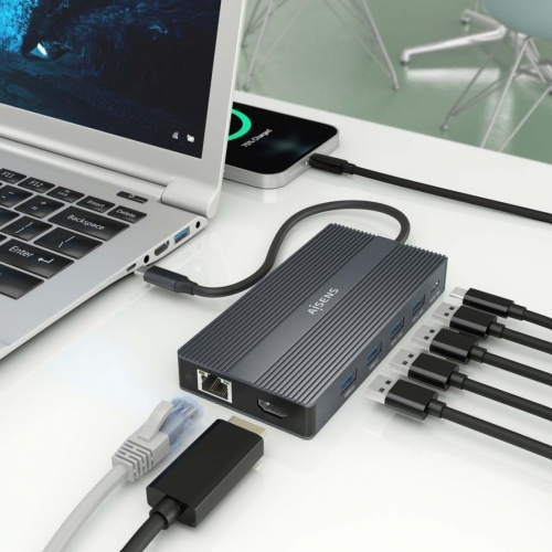 Dock USB-C 12 em 1, USB-C para 2xHDMI, 1xDisplayPort, 1xRJ45, 4xUSB-A, 1xUSB-C, 1xUSB-C PD, 1xSD, 1xMicro SD, Cinza, 20 cm Aisen ASUC-12P017-GR
