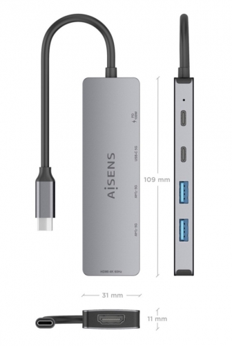 ESTAÇÃO DE ENGATE 5 EM 1 AISENS ASUC-5P028-GR - USB-C A 1xHDMI 2xUSB-A 1xUSB-C 1xUSB-C PD CINZA 15CM