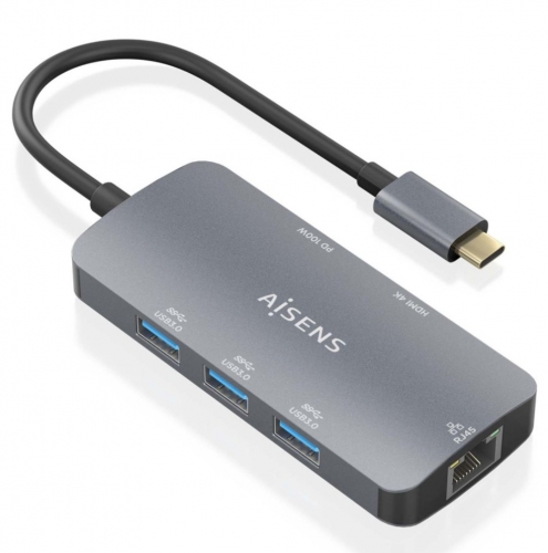 Dock USB-C 6 em 1, USB-C para 1xHDMI, 1xRJ45, 3xUSB-A, 1xUSB-C PD, Cinza, 15 cm Aisens ASUC-6P019-GR