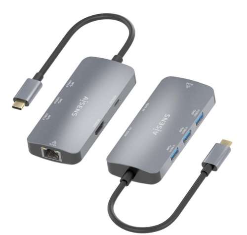 Dock USB-C 6 em 1, USB-C para 1xHDMI, 1xRJ45, 3xUSB-A, 1xUSB-C PD, Cinza, 15 cm Aisens ASUC-6P019-GR