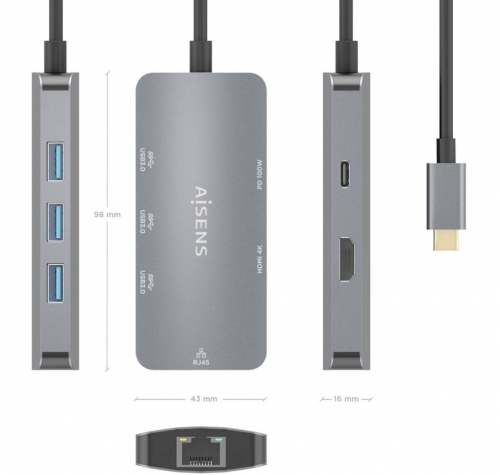 Dock USB-C 6 em 1, USB-C para 1xHDMI, 1xRJ45, 3xUSB-A, 1xUSB-C PD, Cinza, 15 cm Aisens ASUC-6P019-GR