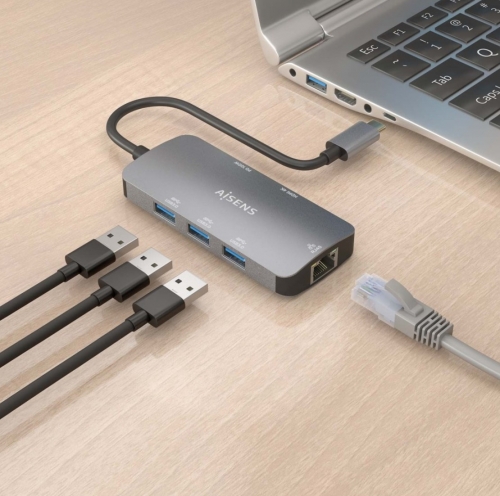 Dock USB-C 6 em 1, USB-C para 1xHDMI, 1xRJ45, 3xUSB-A, 1xUSB-C PD, Cinza, 15 cm Aisens ASUC-6P019-GR