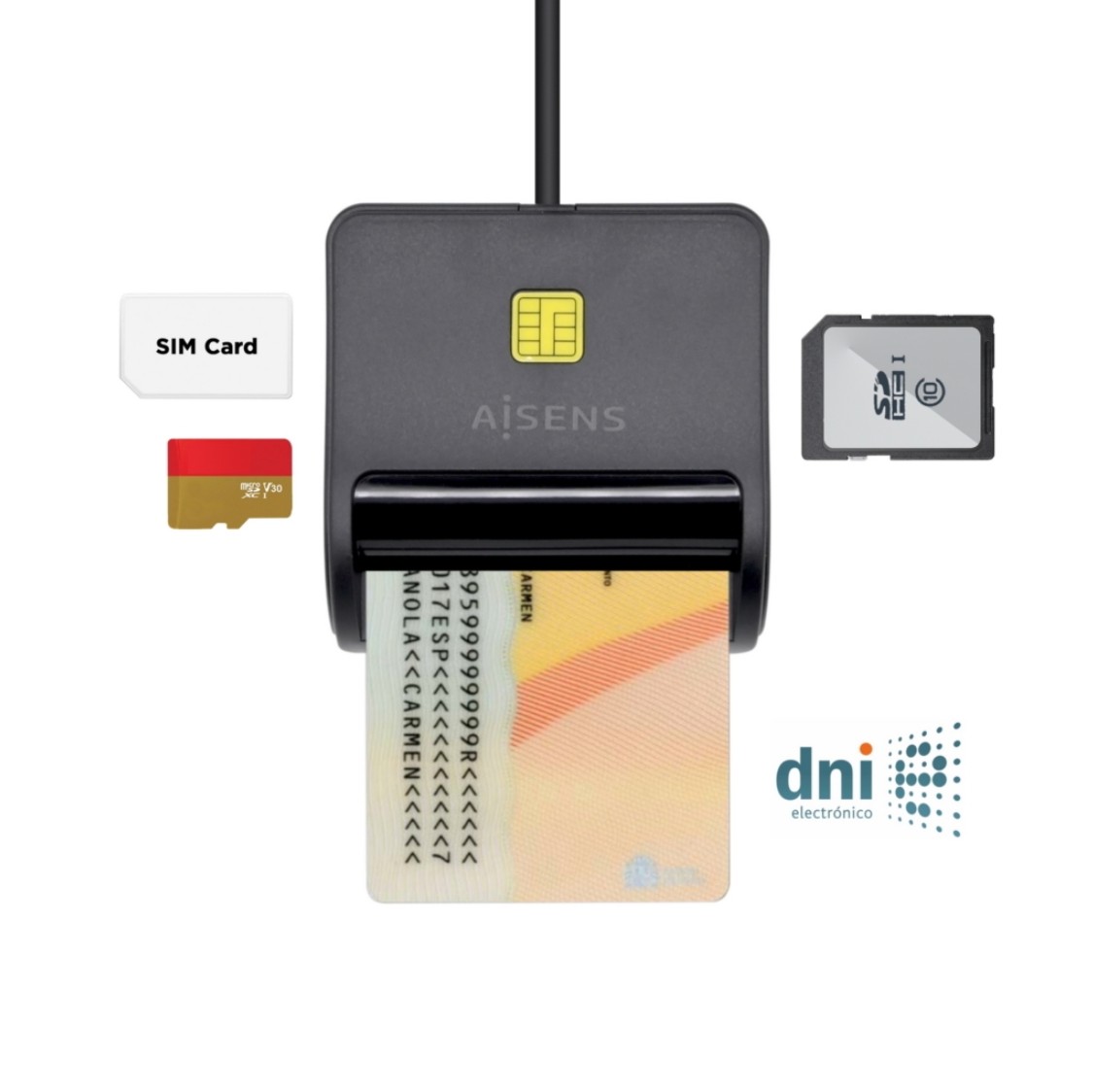 Leitor de Cartões Inteligente AISENS DNI com Leitor de Cartões de Memória USB-A – Preto