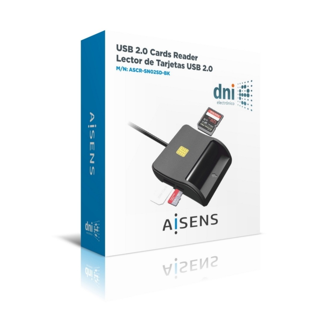 Leitor de Cartões Inteligente AISENS DNI com Leitor de Cartões de Memória USB-A – Preto