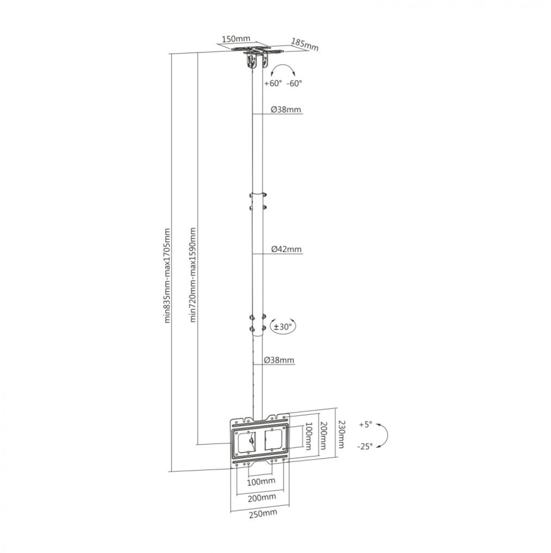 Suporte de Teto AISENS Giratório, Inclinável e Extensível para TV/Monitor de 23" a 43" – 50 kg – VESA 200 × 200 – CT43TSE-053