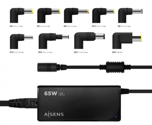 Carregador universal automático multivoltagem de 65 W para laptops com 9 conectores + USB-A QC 3.0 Aisens ASLC-65WAUTO-BK