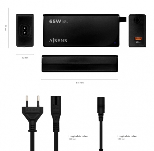Carregador universal automático multivoltagem de 65 W para laptops com 9 conectores + USB-A QC 3.0 Aisens ASLC-65WAUTO-BK