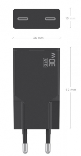 CARREGADOR ULTRA FINO GaN 30W 2xUSB-C PD3,0 PRETO AISENS A110-1006