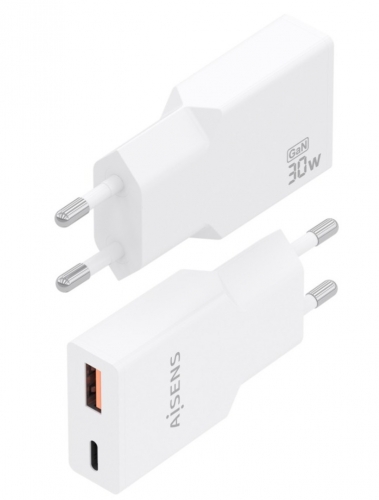 CARREGADOR ULTRA FINO GaN 30W 1xUSB-C PD3,0 QC4,0 1xUSB-A QC3,0 AISENS A110-1002