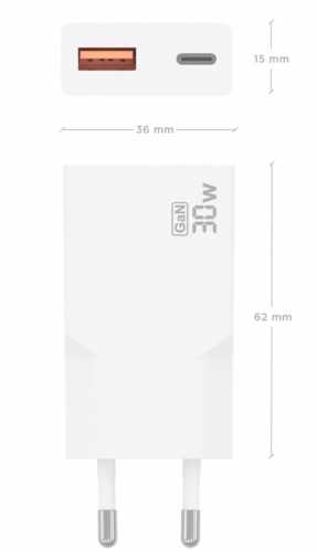 CARREGADOR ULTRA FINO GaN 30W 1xUSB-C PD3,0 QC4,0 1xUSB-A QC3,0 AISENS A110-1002