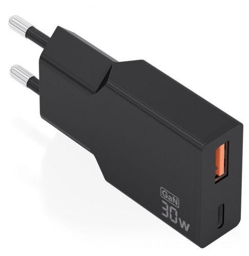 CARREGADOR ULTRA FINO GaN 30W 1xUSB-C PD3,0 QC4,0 1xUSB-A QC3,0 PRETO AISENS A110-1005