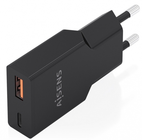 CARREGADOR ULTRA FINO GaN 30W 1xUSB-C PD3,0 QC4,0 1xUSB-A QC3,0 PRETO AISENS A110-1005